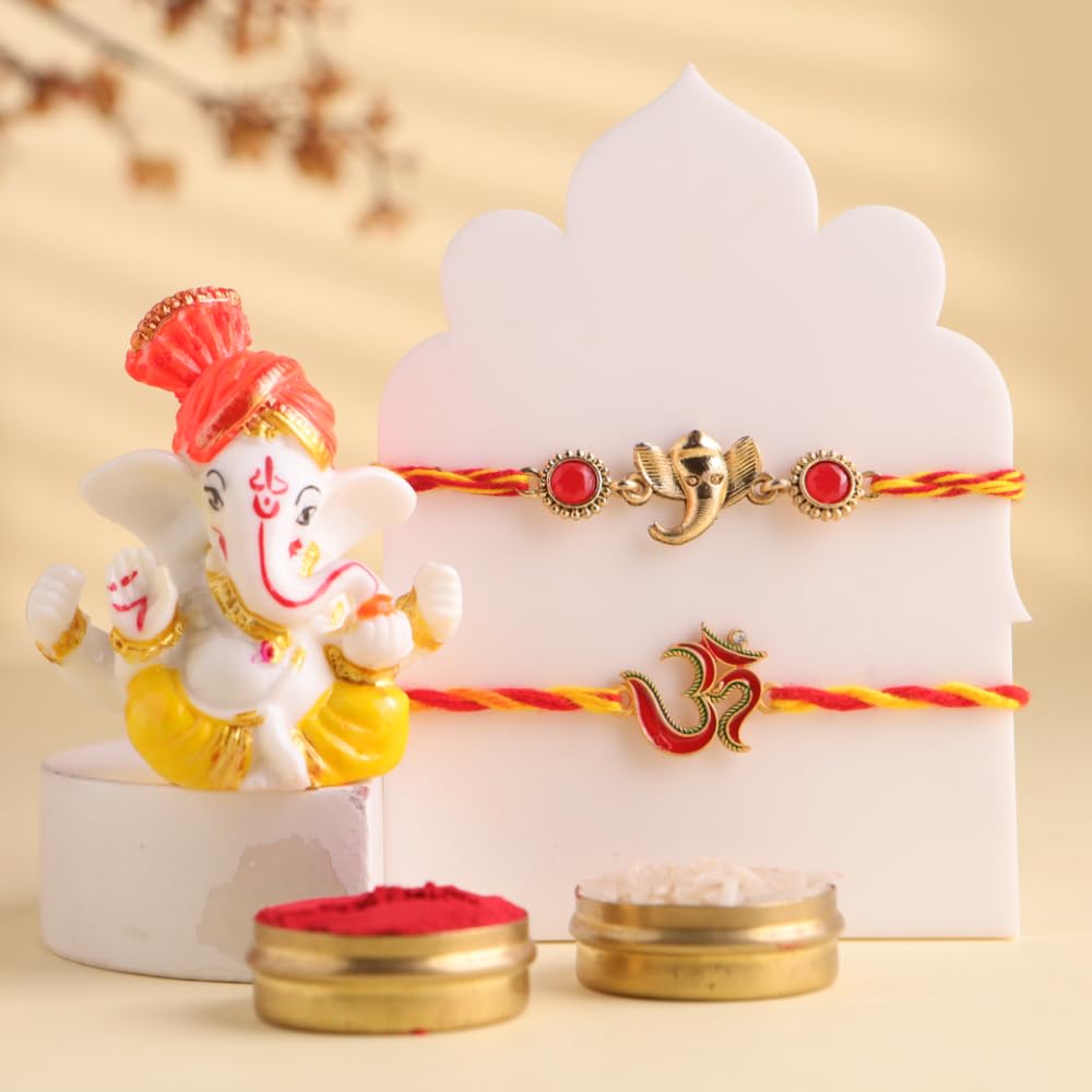 Floweraura Raksha Bandhan Celebration Premium Handcrafted Set of 2 Om & Ganesha Spiritual Rakhi with Lord Ganesha Idol Showpiece -Rakhi for Brother, Bhai, Cousin & Raksha Bandhan Gift-image-4