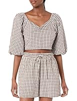 The Drop Women's Maliah Cropped Sweetheart Neckline Puff Sleeve Top, Coffee Bean/White, 2X, Plus Size