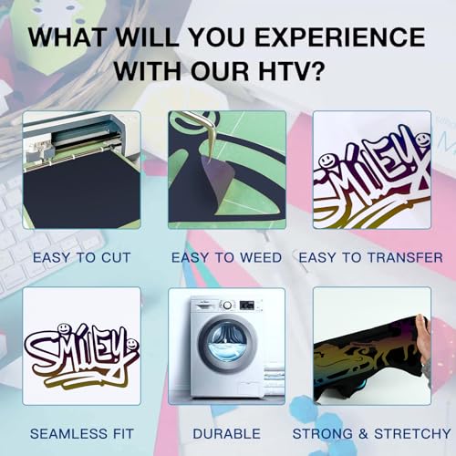 Image of HTVRONT Reflective HTV Heat Transfer Vinyl Roll - 12 inch x 8ft Reflective Iron on for Shirts, Reflective HTV for Cricut & Cameo - Easy to Cut & Weed for Heat Design (Reflective Rainbow)