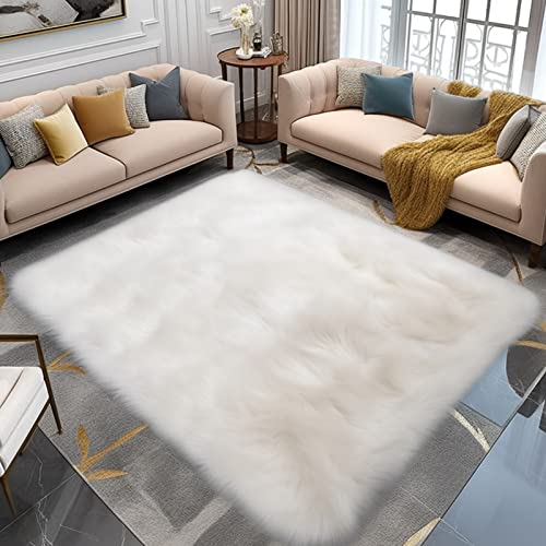 Ttloj Luxury Fluffy Rugs, Machine Washable, Ultra Soft Faux Sheepskin Fur, Faux Fur Area Rugs, For Living Room Bedroom Kids Room Nursery Room Decor Carpet, Rectangle, 6X9 Feet White #TOP5
