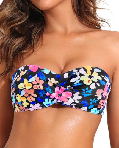 Image of Women Bandeau Bikini Top Strapless Swimsuit Top | Twist Front, Adjustable Straps, Non-Slip, Built-in Cups for Secure Fit