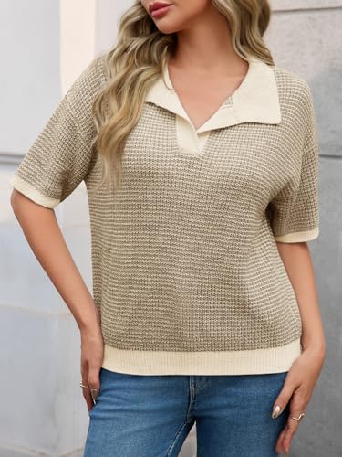 Cicy Bell Womens Striped Cropped Sweaters Tops Color Block Short Sleeve Knit V Neck Fall Casual Pullover2