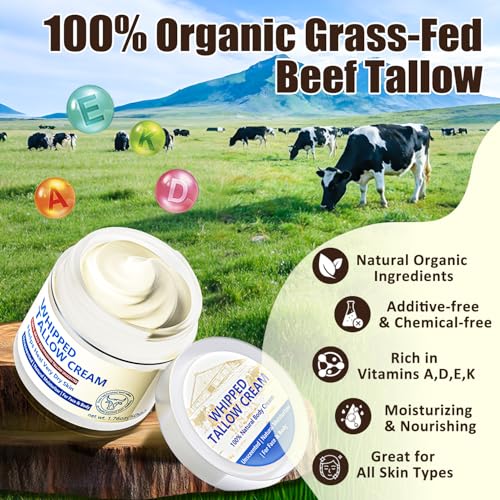 JIIANERY Beef Tallow for Skin, Natural Beef Tallow for Face, 100% Organic Grass Fed Finished Whipped Tallow and Honey Balm, Tallow Cream for Skin Care, Tallow Face Moisturizer Body Lotion