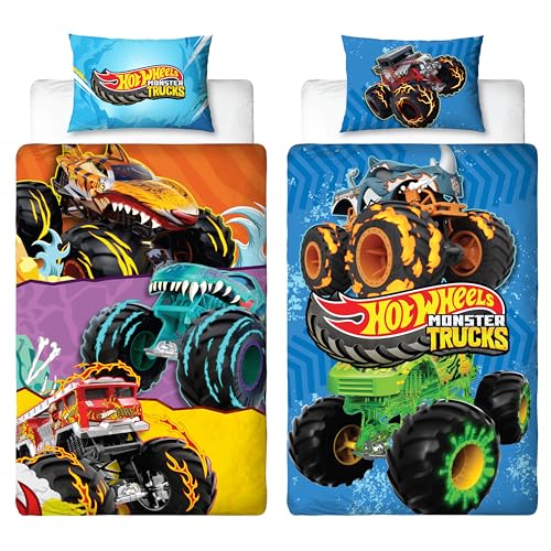 Hot Wheels Officially Licensed Single Duvet Cover Set | Monster Design | Reversible 2 Sided Bedding Including Matching Pillow Case | Perfect For Kids Bedroom | Multicolour