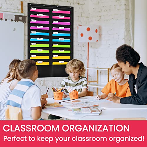 Image of Folder Pocket Chart (Black), Cascading Wall Organizer for School, Classroom, Home or Office Use, 20 Pocket Chart Hanging Wall Organizer with 4 Hangers