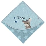 Sterntaler Emmi Kapuzenhandtuch mit Namen bestickt für Baby & Kinder, Badetuch Badehandtuch/Kinder-Badetuch mit Kapuze personalisiert, Junge 100x100 cm, Esel Emmi Blau