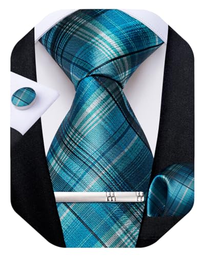 Image of DiBanGu Plaid Ties for Men Silk Checkered Necktie and Pocket Square Cufflinks Tie Clip Set with Gift Box for Wedding Business