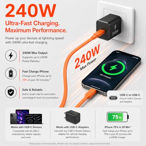 Image of 240W USB C to USB C Cable | 1.5M Silicone Flat Type C to Type C | Fast Charging Cable | Silicone | Detangled | PD Data Transfer | E-marker Chip | Compatible for Macbook, iphone, Samsung