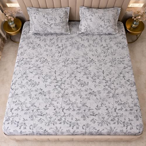 Image of THEA Elastic Fitted Double Bedsheet Set| 100% Cotton Like Soft Fabric | Double Bedsheet for Double Bed (72 X 78 x 6 inches) with 2 Pillow covers,Silver Grove