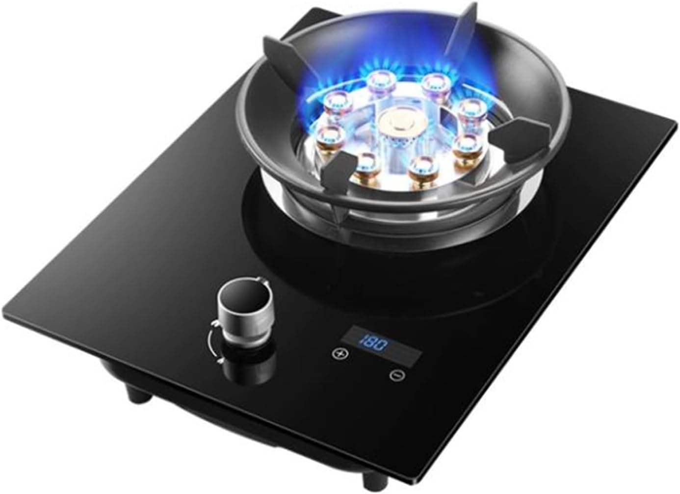 1 Burner Gas Stove,4.8KW 9-chamber Fire Ring Frying Pan,Tempered Glass Cooktop,with Flameout Protection and Timer,NG/LPG Conversion(LPG)