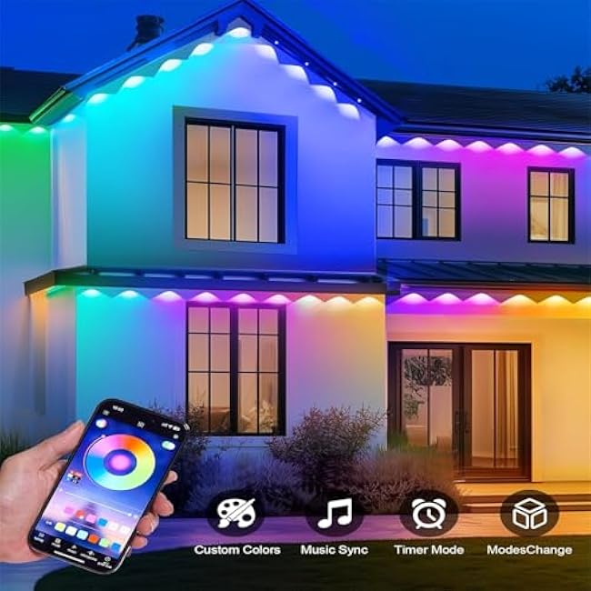 Permanent Outdoor Lights,200ft RGB + IC Smart LED Eaves Lights with App & Remote Control, IP67 Waterproof,for Christmas and All Holiday Decor,Daily and Accent Lighting,House Roof and Garden Lighting