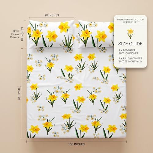 Image of BSB HOME 240 TC Cotton Bedsheet with 2 Pillow Covers, Soft Breathable Floral King Size Flat Bed Sheet - 90 x 100 Inches (228 x 254 cm) (Daffodil Yellow)