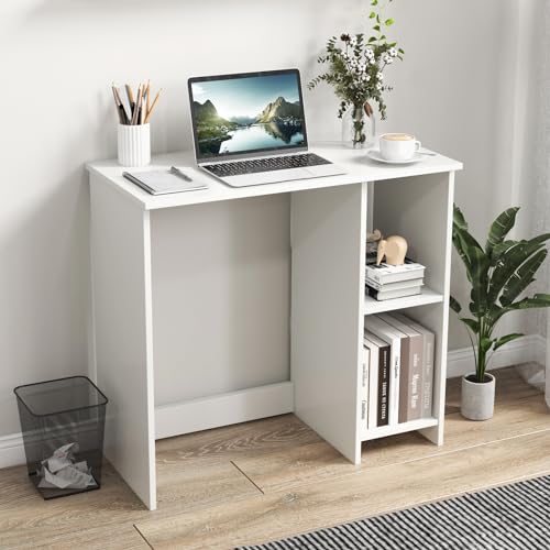 Tangkula Small White Desk with Shelves, Compact Desk for Small