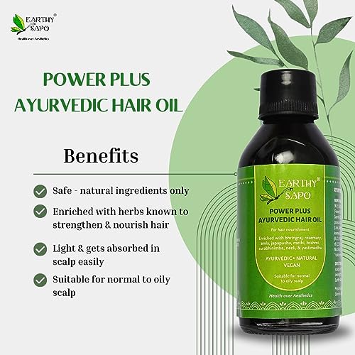 Image of Earthy Sapo Handmade Power Plus Ayurvedic Hair Oil | Formula with Bhringraj, Brahmi & Rosemary for Strengthening and Nourishing Hair Care | 100 ml Bottle