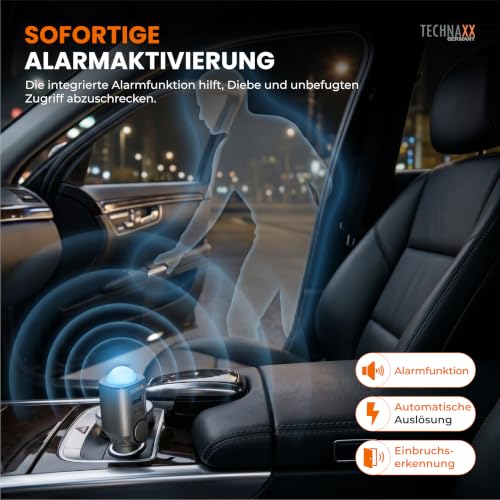 Technaxx Autoalarm mit PIR Bewegungsmelder – 12–24V Plug-in Alarm mit 110dB Sirene, 6-Tage Akku, USB-A & USB-C Ladeports, LED-Anzeige & Fernbedienung - 2026 Update Modell - TX-100