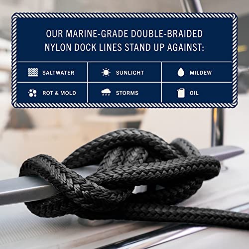 Rainier Supply Co. 2-Pack Boat Dock Lines - 15 Ft X 3/8 Inch Boat Rope - Premium Double Braided Nylon Dock Rope - Mooring Lines With 12" Eyelet - Black #TOP2