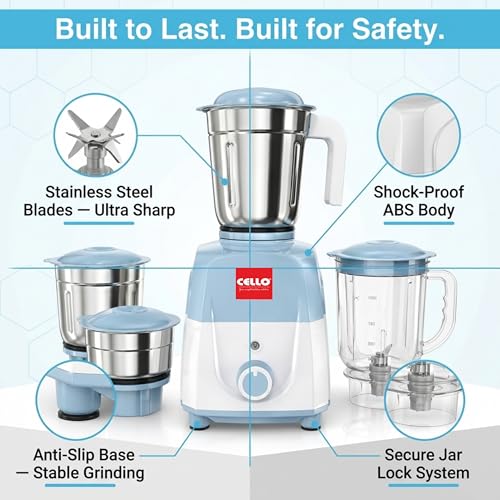 Image of CELLO Unitech 600W Mixer Grinder with Juicer Jar | 4 Jars | Copper Motor | 3 Speed Control | Stainless Steel Blades | Mixer, Grinder & Juicer for Juices
