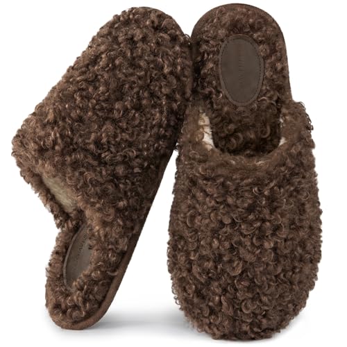 Snug Leaves Women's Scuff Slippers Furry Cute Curly Faux Wool Slip-on Indoor Memory Foam House Shoes Nutty Mocha, 7-8 US