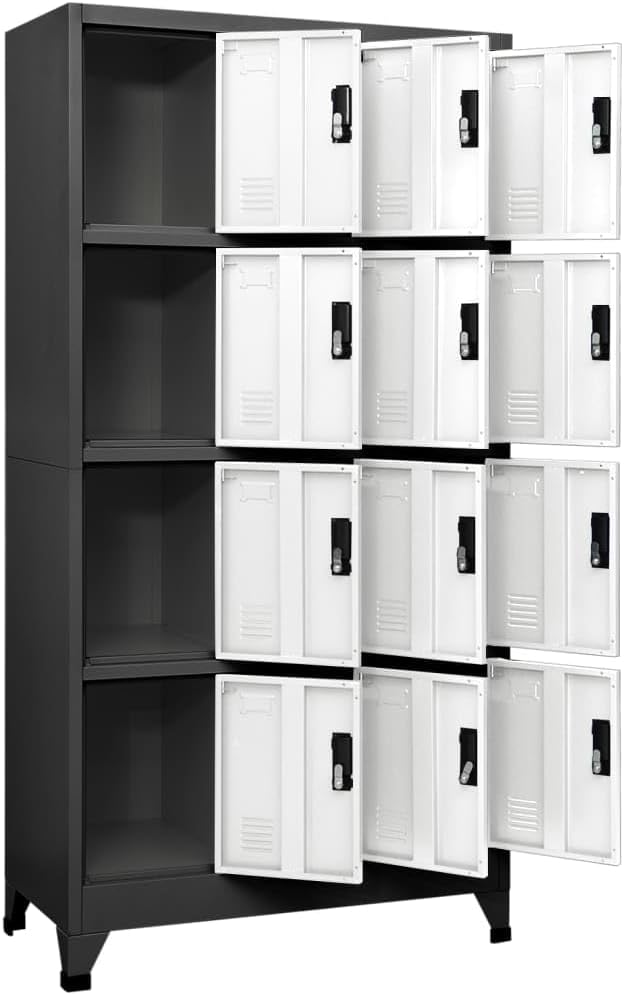 Steel School Locker Cabinet with 12 Individual Lockers, Anthracite Frame and White Doors, Secure Cam Lock System for Office Storage