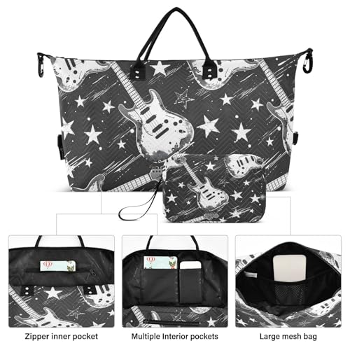 Guitar Rock N Roll Travel Duffle Bag,Large Weekender Travel Bag for Women Men Waterproof Luggage Bag with Trolley Sleeve,Airplane Travel Essentials for Flying2