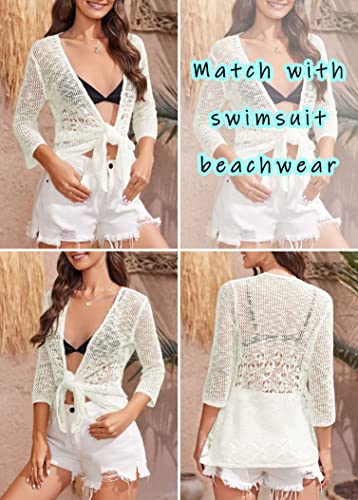 Image of Nulibenna Womens Sheer Shrug Sweaters 3 /4 Sleeve Open Front Tie Cardigan Bolero Jacket Lightweight Crochet Knit Cover Up Tops