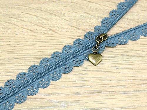 F J FusionFancy Lace Zip with Antique Brass Puller 30cm Blue - each