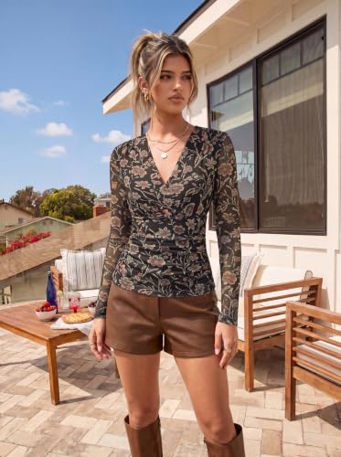 GRACE KARIN Mesh Long Sleeve Tops for Women,Wrap V Neck Boho Top Dressy Casual,Ruched Floral Blouses Clothes Dark Coffee M — view 2