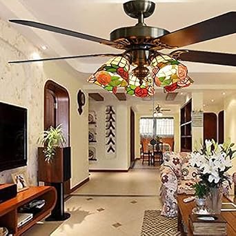 LAKIQ 5 Lights Floral Ceiling Fan Light Fixture 52Width Rustic Stained Glass Shade Semi Flush Mount Light with Fan Blade Farmhouse Tiffany Ceiling Fan Lighting for Dining Room Kitchen Living Room