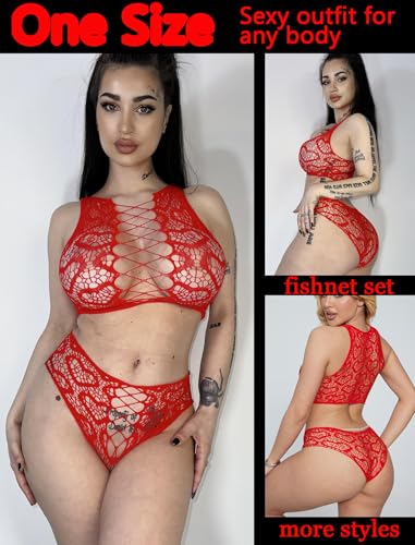 Image of Avidlove Womens Fishnet Lingerie Set Sexy Two Piece Lingeries Hollow Out Stripper Outfit Heart Print Mesh Crop Tops