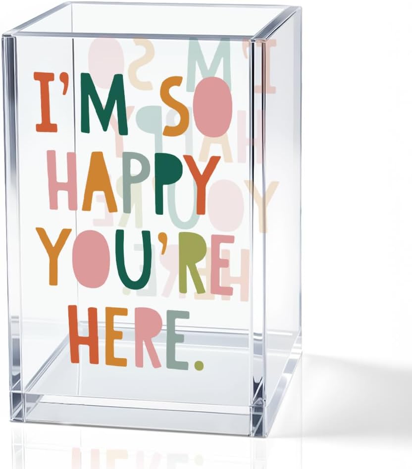 I'm So Happy You're Here Acrylic Cosmetic Pencil Holder Cup, Funny Boho Pen Holder for Women, Home Office Classroom Desk Accessories, Inspirational Gifts for Daughter, Make up Brush Organizer