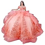 Mauuwy Quinceanera Dresses Coral Puffy Off The Shoulder Beaded Sweet 15 Dresses Coral Ball Gowns with Big Bow in The Back Size 16 Plus