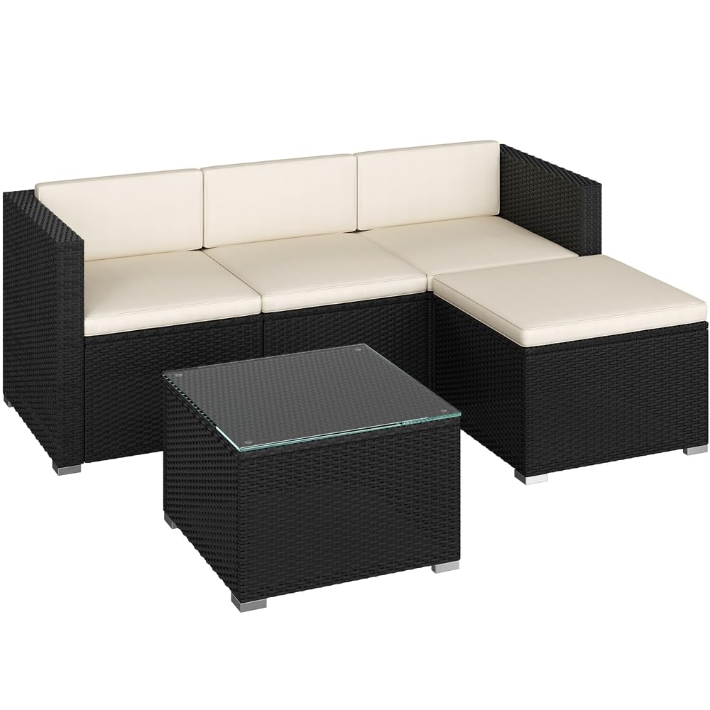 Yaheetech 5 Pezzi Set Mobili da Giardino Rattan PE con Cuscini Tavolo Laterale Nero Beige