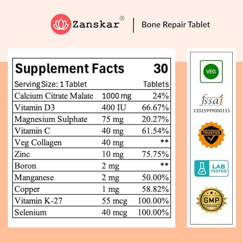 Image of Zanskar Advanced Bone Health Tablet (30 Tablets) | Calcium, Vitamin D3, Vitamin K2, Collagen, Magnesium & Zinc (1200mg) | 100% Veg | Bone Health and Joint Support