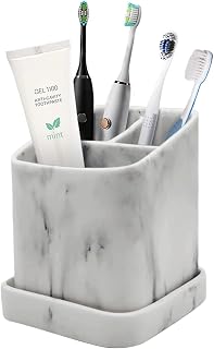 Electric Toothbrush Holder for Bathroom: White Marble Toothbrush and Toothpaste Organizer Stand 3 Slots, Makeup Brush Storage Caddy for Vanity