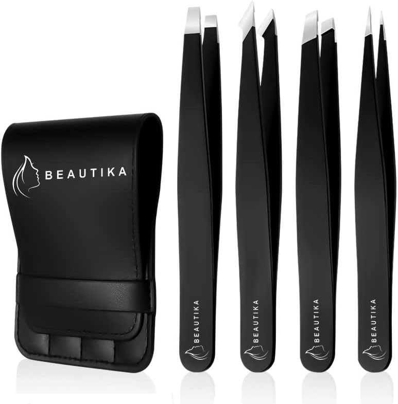 BEAUTIKA 4pcs Tweezers for facial hair women & men Professional Stainless Steel black color coated precision Slanted Pointed Tip eyebrow tweezer Ingrown with leather pouch