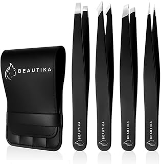 BEAUTIKA 4pcs Tweezers for facial hair women & men Professional Stainless Steel black color coated precision Slanted Pointed Tip eyebrow tweezer Ingrown with leather pouch
