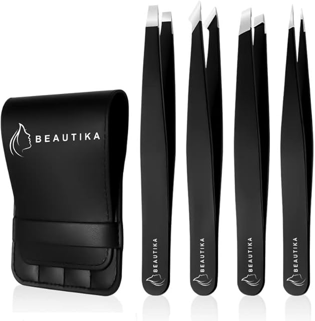 BEAUTIKA 4pcs Tweezers for facial hair women & men Professional Stainless Steel black color coated precision Slanted Pointed Tip eyebrow tweezer Ingrown with leather pouch