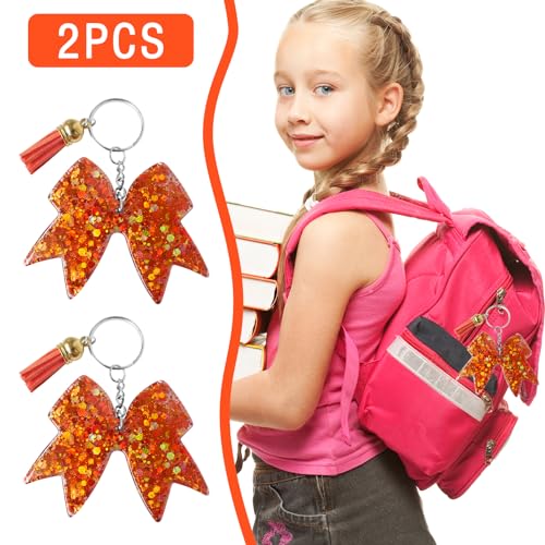 Glitter Cheer Bow Keychain - Cheer Charm Backpack Keychains - Girls Cheerleading Accessories - Cheer Gift for Cheerleaders and Team Members - Orange/2pcs4