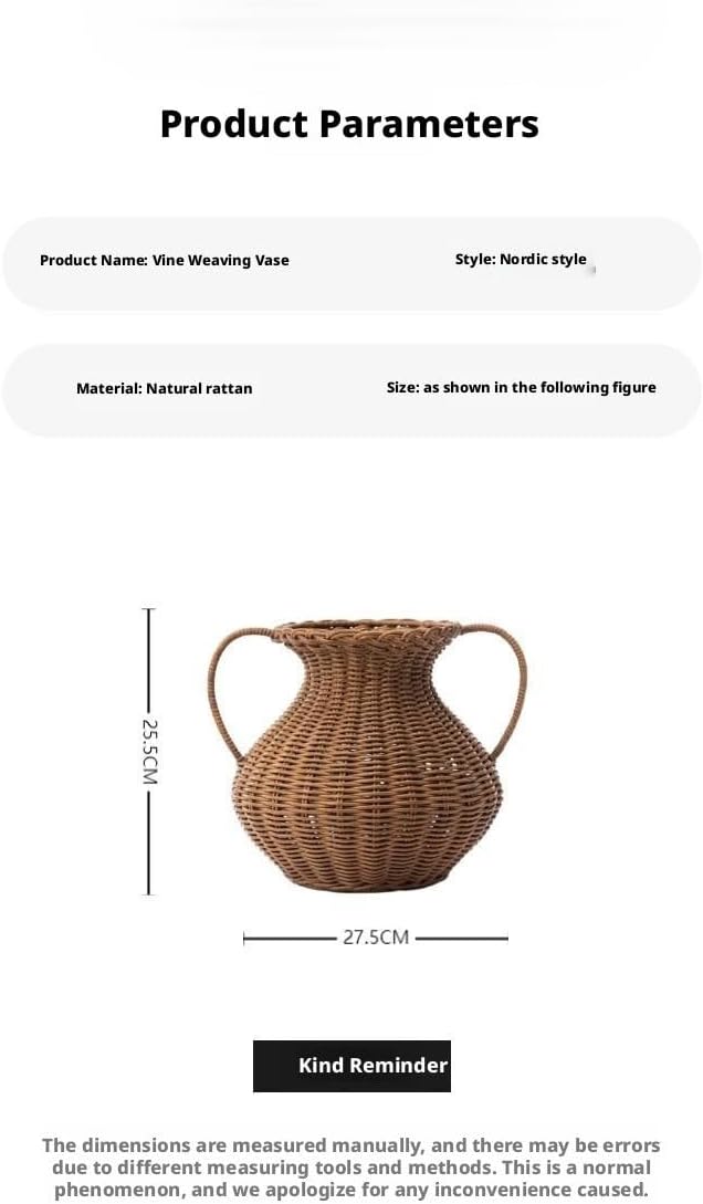 Handwoven Natural Rattan Flower Vase, Double-Handle Nordic Style Dried Flower Vessel, Pure Craft Decoration for Home, 10.83x10.04 Inch