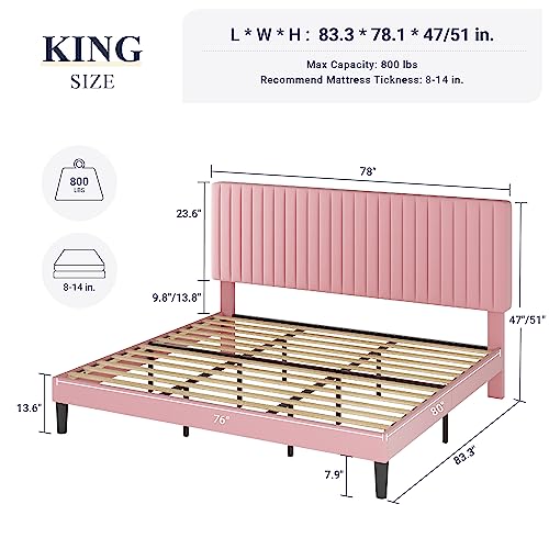 Image of Allewie King Bed Frame, Velvet Upholstered Platform Bed with Adjustable Vertical Channel Tufted Headboard, Mattress Foundation with Strong Wooden Slats, Box Spring Optional, Easy Assembly, Pink