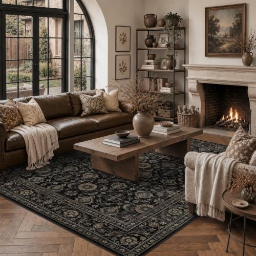 JOOJA 6x9 Black Gold Vintage Boho Washable Area Rug, Soft Low Pile Carpet