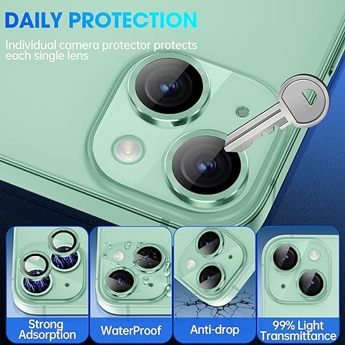 Image of Tempered Glass Camera Lens Camera Lens Protector Compatible For Iphone 15 /15 Plus,Individual Metal Ring 9H Hardness Scratchproof Protector,Stylish Accessories,Case Friendly(Green)(Green)