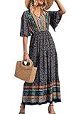 PRETTYGARDEN Women's Casual Summer Boho Floral Print Dress V Neck Short Sleeve High Waist Long Maxi Beach Dresses (Black Floral,X-Large)