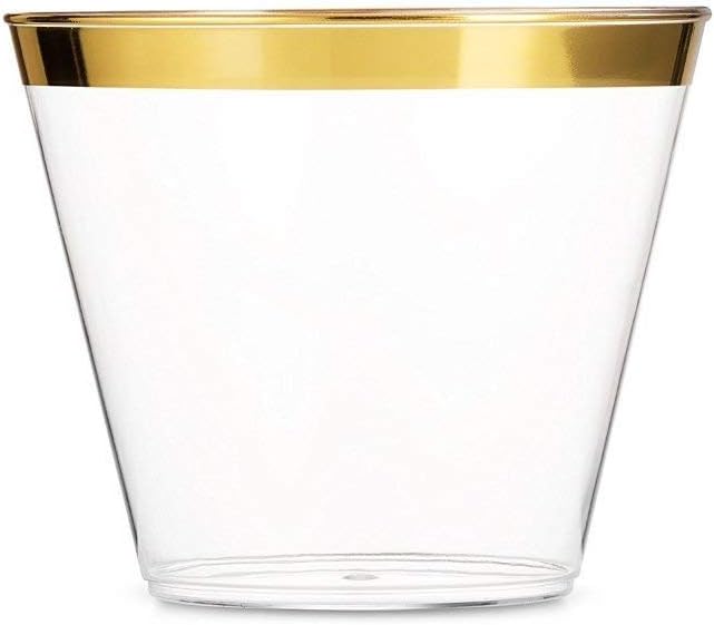 Golden Plastics - 100 Gold Rimmed Plastic Cups ~ 9 Oz Clear Gold Plastic Cups Old Fashioned Tumblers ~ Gold Rimmed Cups Fancy Disposable Wedding Cups ~ Elegant Party Cups with Gold Rim
