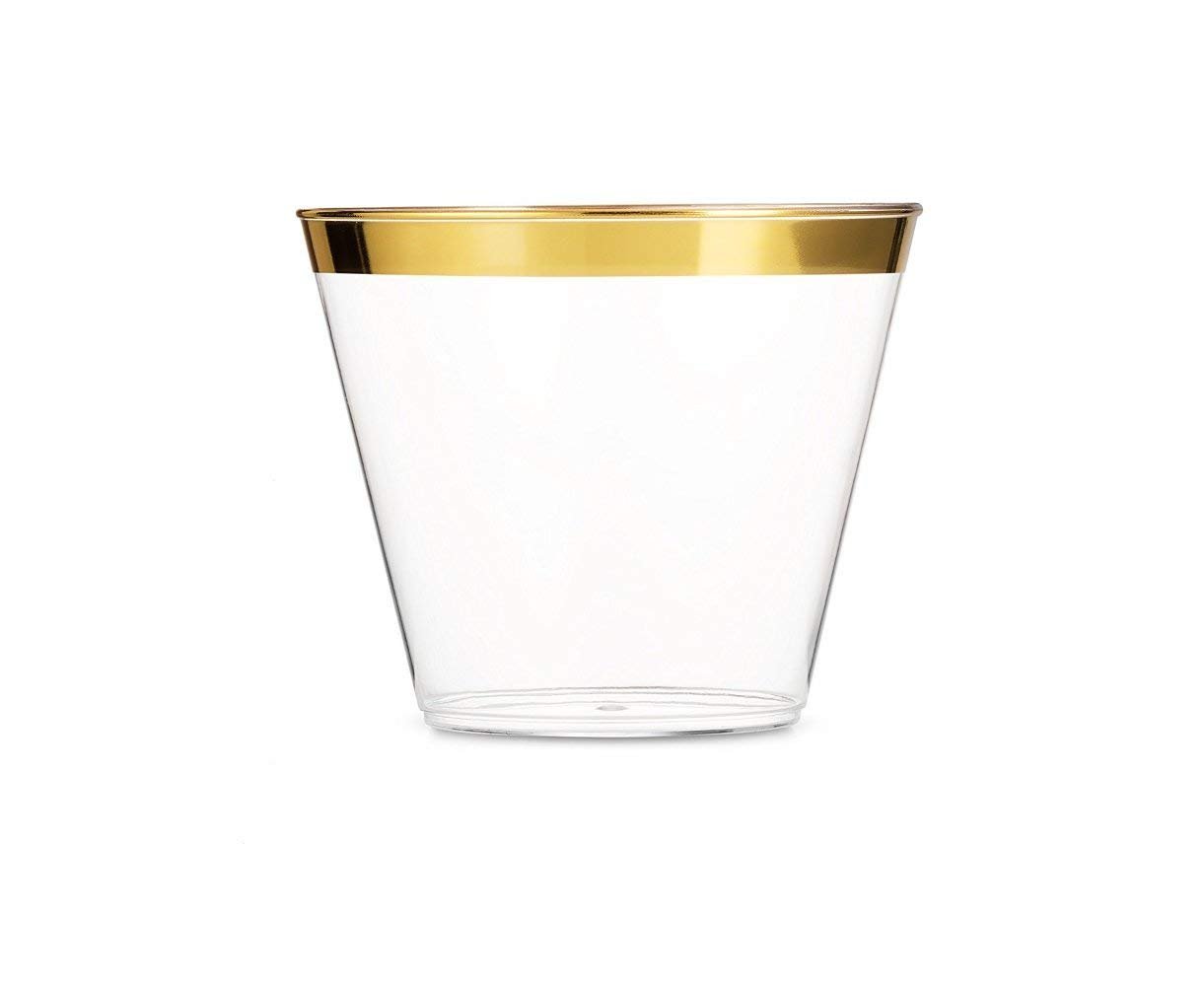 Golden Plastics - 100 Gold Rimmed Plastic Cups ~ 9 Oz Clear Gold Plastic Cups Old Fashioned Tumblers ~ Gold Rimmed Cups Fancy Disposable Wedding Cups ~ Elegant Party Cups with Gold Rim