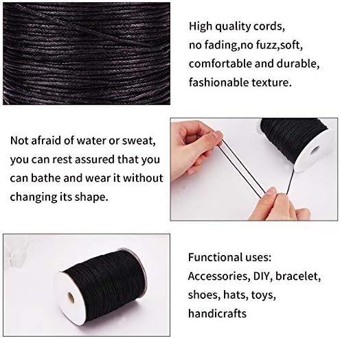 PandaHall 200 Yards 1.5mm Waxed Cotton Cord Thread Beading String for Bracelet Necklace Jewellery Making and Macrame Supplies, Black