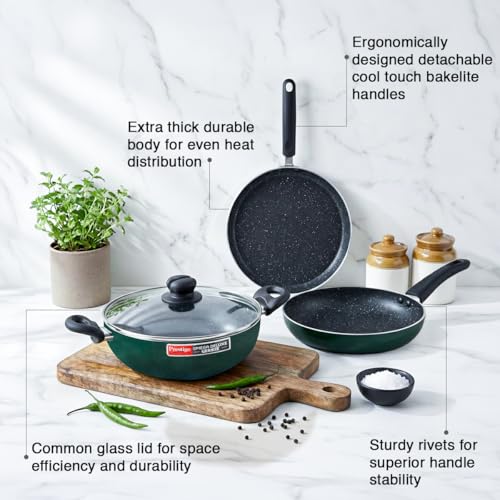 Prestige Omega Granite Non-Stick 3 Pc Cookware Set with Glass Lid | 5-Layer Coating | Gas & Induction Compatible | Omni Tawa 25cm | Fry Pan 24cm |... - Image 6