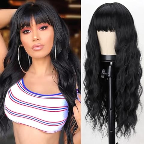 MERISIHAIR Long Black Wig with Bangs,26 Inches Synthetic Wavy Bang Black Wigs for Women, Women Long Curly Heat Resistant Black Hair Wig,Cosplay Selena Black Wig Cover