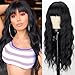 MERISIHAIR Long Wavy Wig with Bangs for Black Women Heat Friendly Synthetic Party Wigs Long Black Wig.