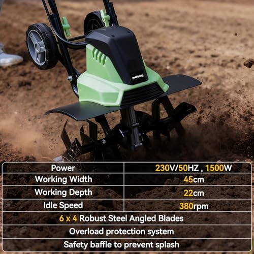PHIWOS 1500W Electric Garden Tiller with 2 Wheels and 10M Power Cable - Image 2